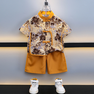 雪纺男童汉服套装夏季2025新款儿童宝宝中国风碎花衬衫短裤两件套