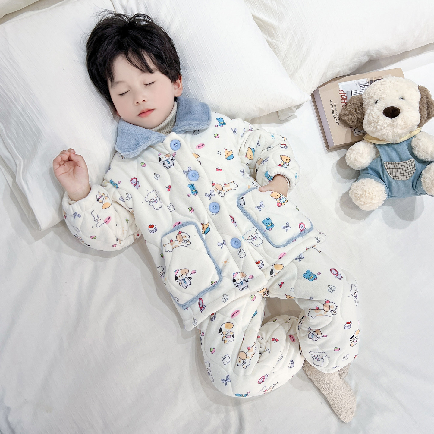 儿童卡通三层夹棉家居服套装冬季加绒加厚保暖可爱动物睡衣两件套,童装/婴儿装/亲子装,家居服套装,淘宝优惠券,粉丝福利购,淘宝优惠卷