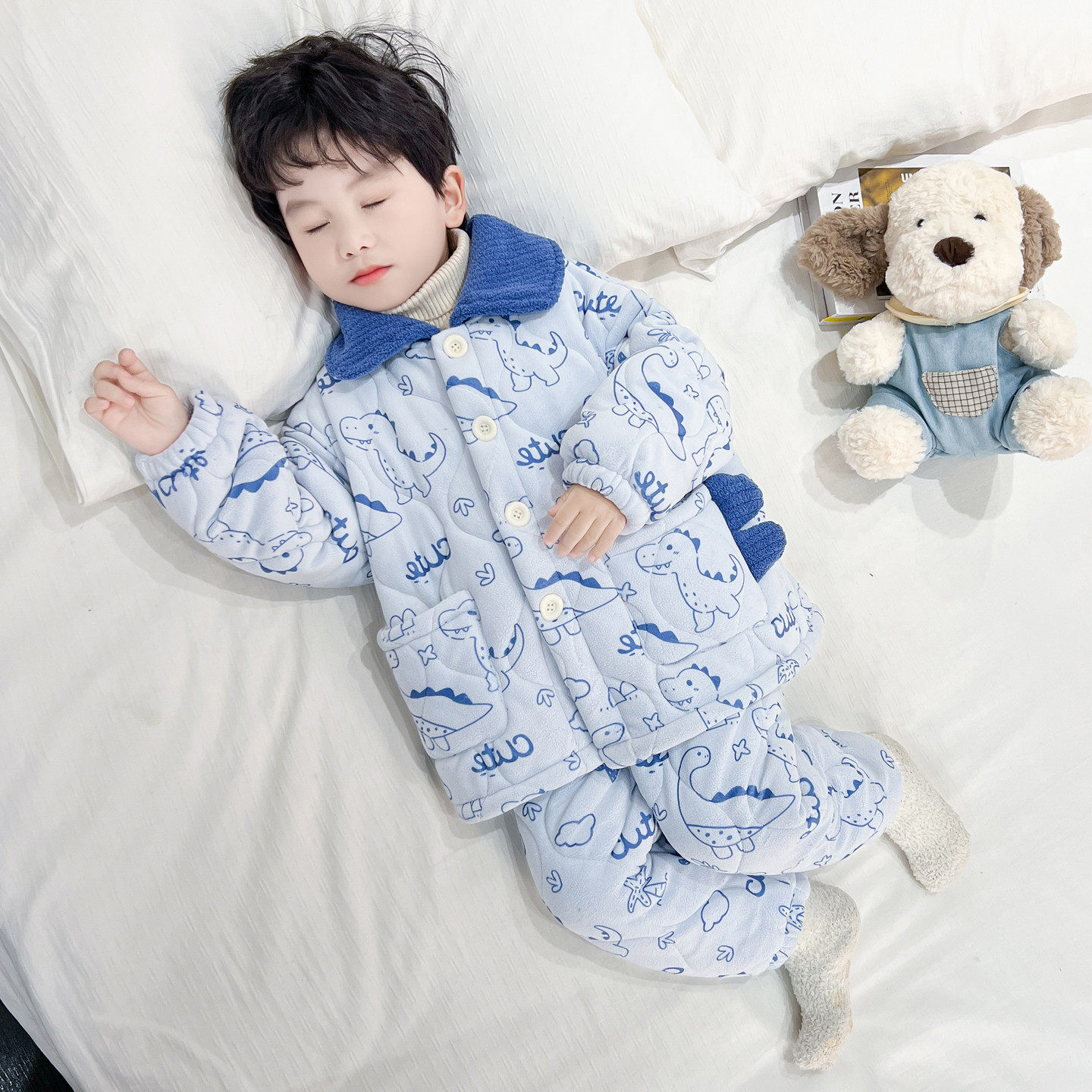 男童卡通恐龙三层夹棉睡衣套装小男孩冬季加加厚保暖家居服两件套,童装/婴儿装/亲子装,家居服套装,淘宝优惠券,粉丝福利购,淘宝优惠卷
