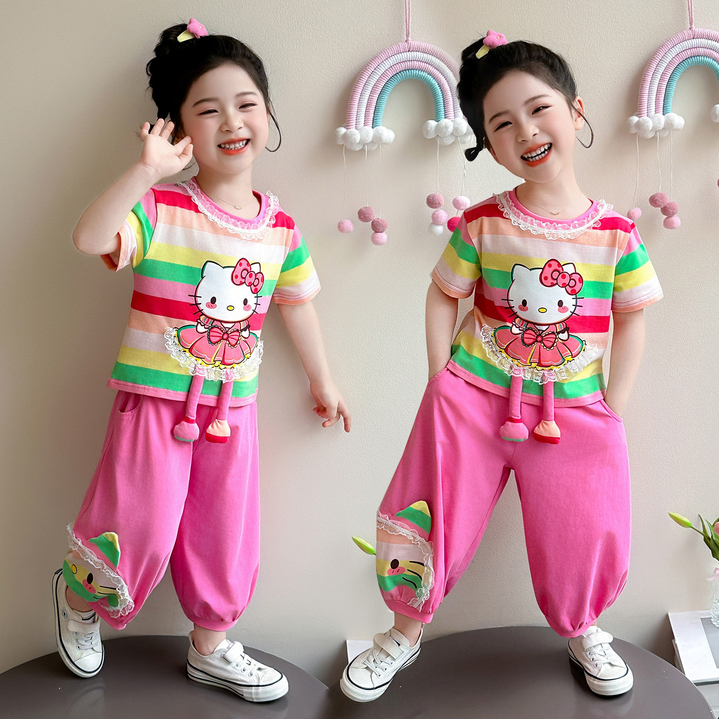 女童时尚套装夏季2026新款儿童洋气卡通猫咪短袖宝宝束脚裤两件套