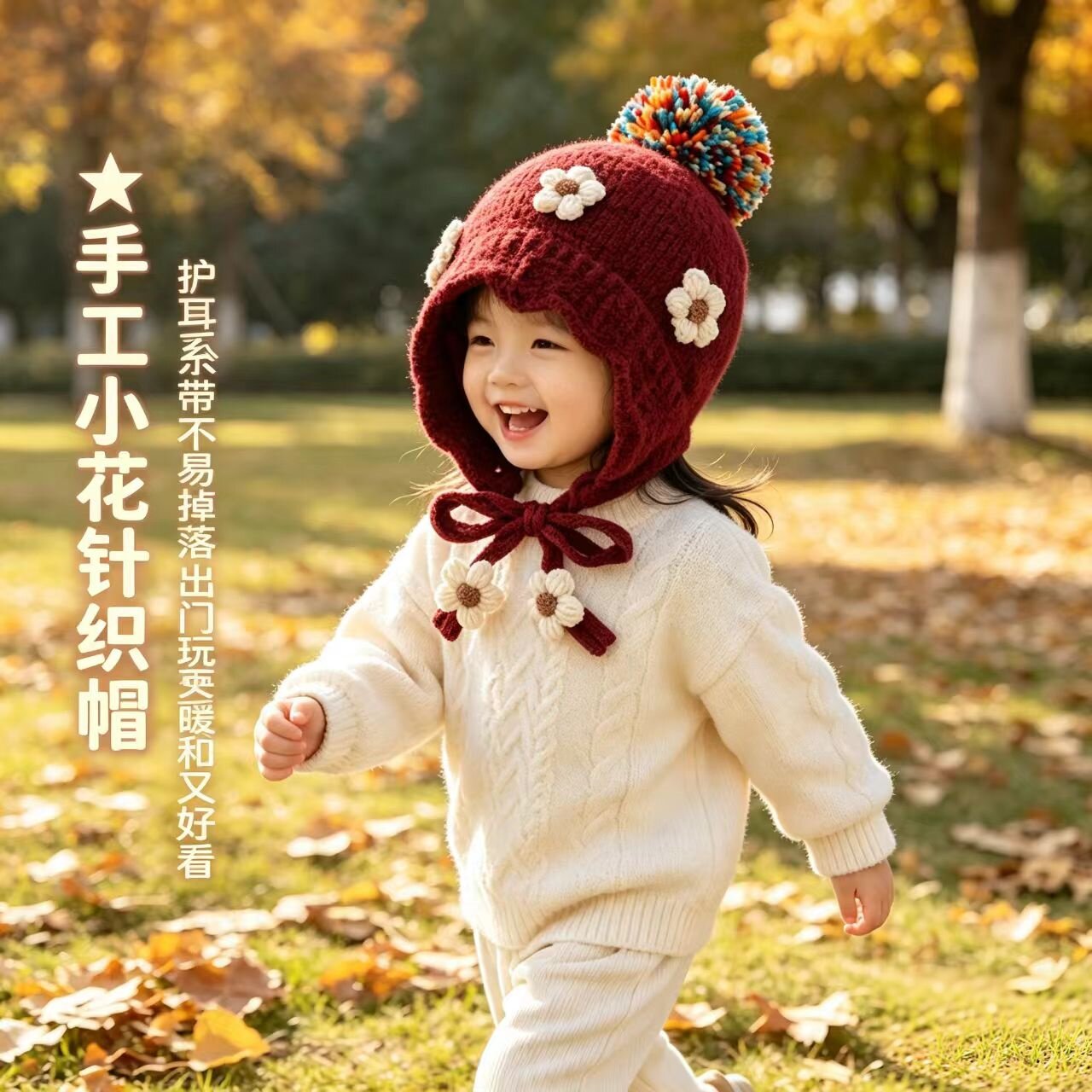 婴儿帽子秋冬季韩系花朵女孩加厚针织帽可爱洋气女宝宝护耳毛线帽