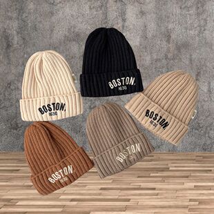 婴儿帽子秋冬季韩版男孩字母针织帽冬天新生小月龄宝宝保暖毛线帽