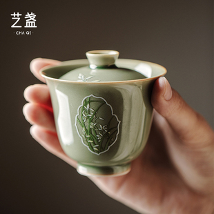 艺盏手绘窗兰盖碗茶杯越窑青瓷功夫茶具防烫手泡茶碗品茗主人杯