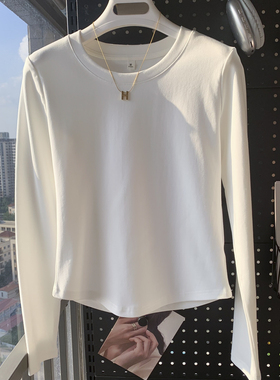 白色棉质气质正肩圆领T恤女春秋冬基础款时尚显瘦长袖百搭上衣潮