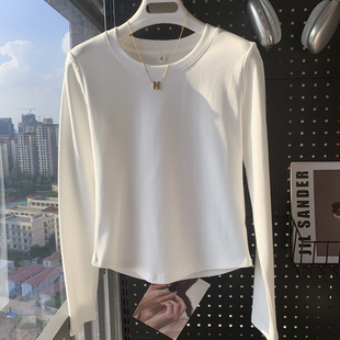百搭上衣潮 显瘦长袖 白色棉质气质正肩圆领T恤女春秋冬基础款 时尚