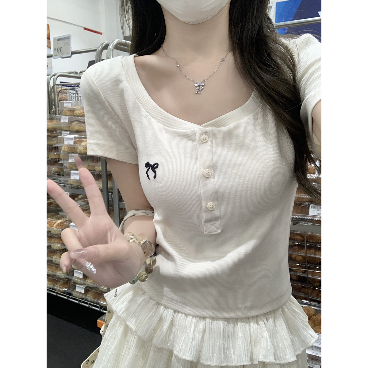 百变衣格春夏韩版甜美方领蝴蝶结刺绣糖果色休闲百搭短袖T恤上衣