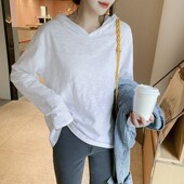 连帽竹节棉长袖 棉百搭 帽衫 t恤女春秋上衣棉质带帽打底衫 宽松薄款