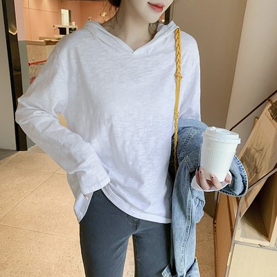 连帽竹节棉长袖t恤女春秋上衣