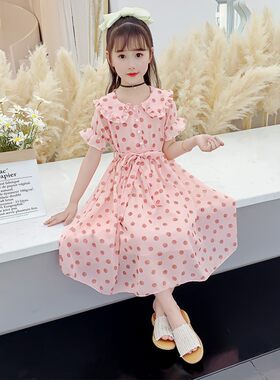 女童连衣裙女孩雪纺网红洋气夏季公主裙子时尚修身波点连衣裙女童