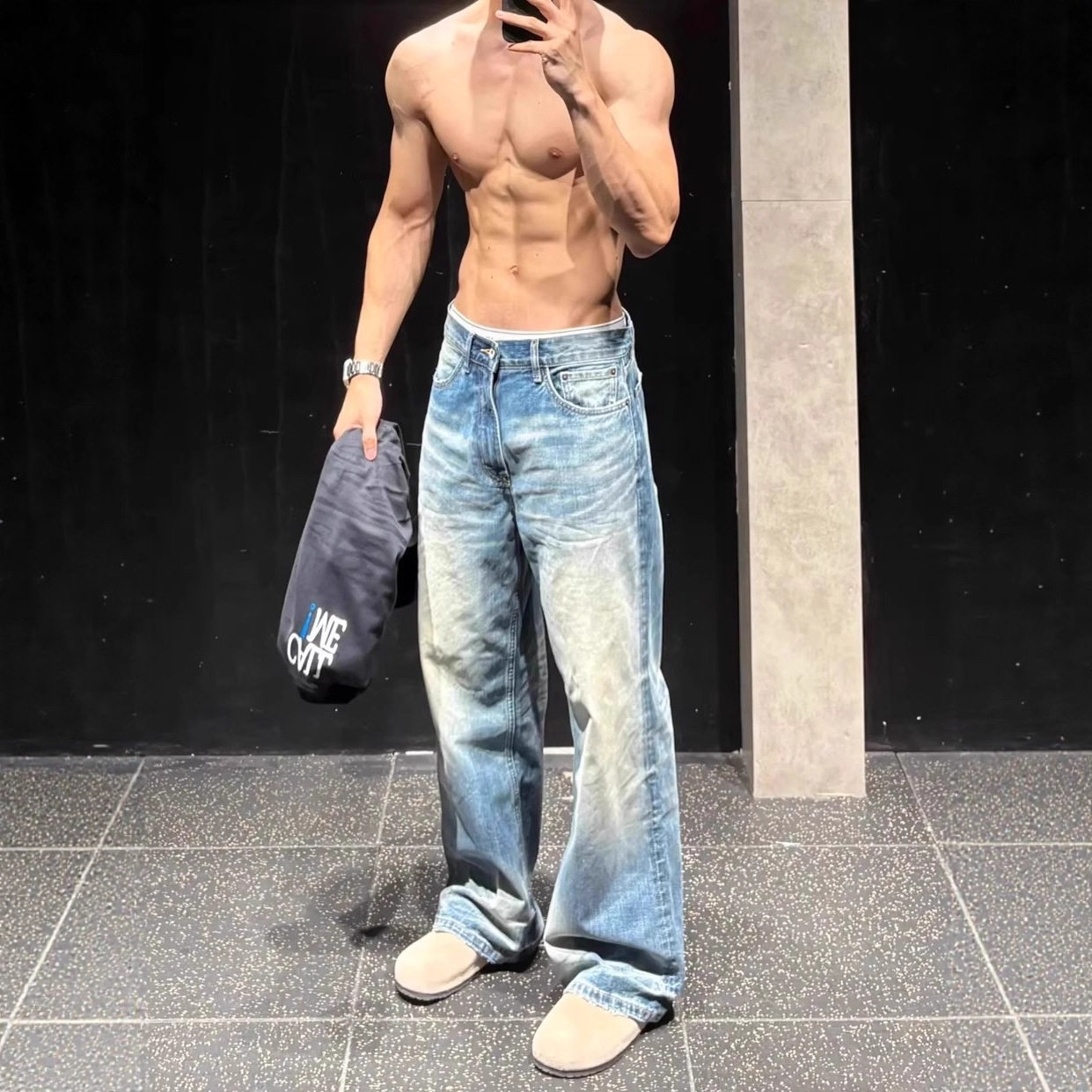 美式复古休闲阔腿水洗牛仔裤男士cleanfit显瘦直筒垂感微喇长裤子