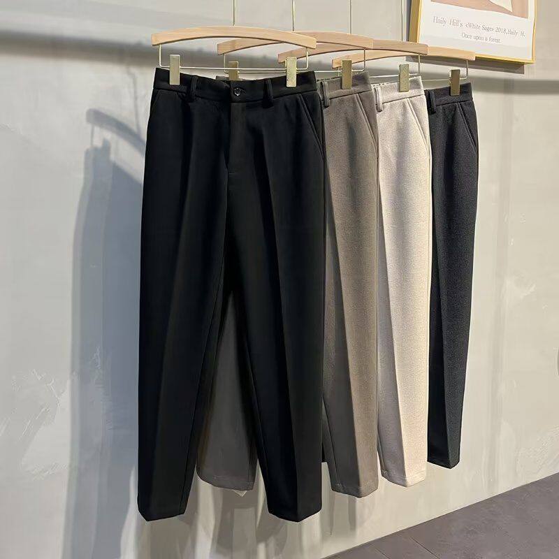 毛呢西装裤男秋冬季松紧裤子男休闲九分裤子加厚保暖长裤