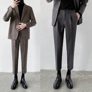ins韩版修身加厚毛呢小脚西裤男士休闲裤秋冬款潮流小直筒9九分
