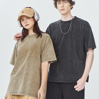 水洗做旧重磅短袖T恤男夏oversize美式复古高街欧美潮牌牛仔半袖