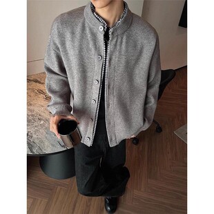 灰色美式复古假两件开衫毛衣男款秋季慵懒风针织夹克cleanfit外套