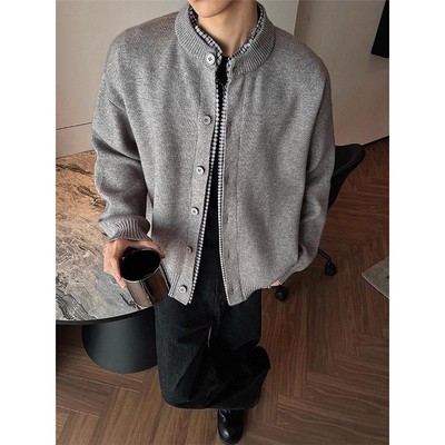 灰色美式复古假两件开衫毛衣男款秋季慵懒风针织夹克cleanfit外套