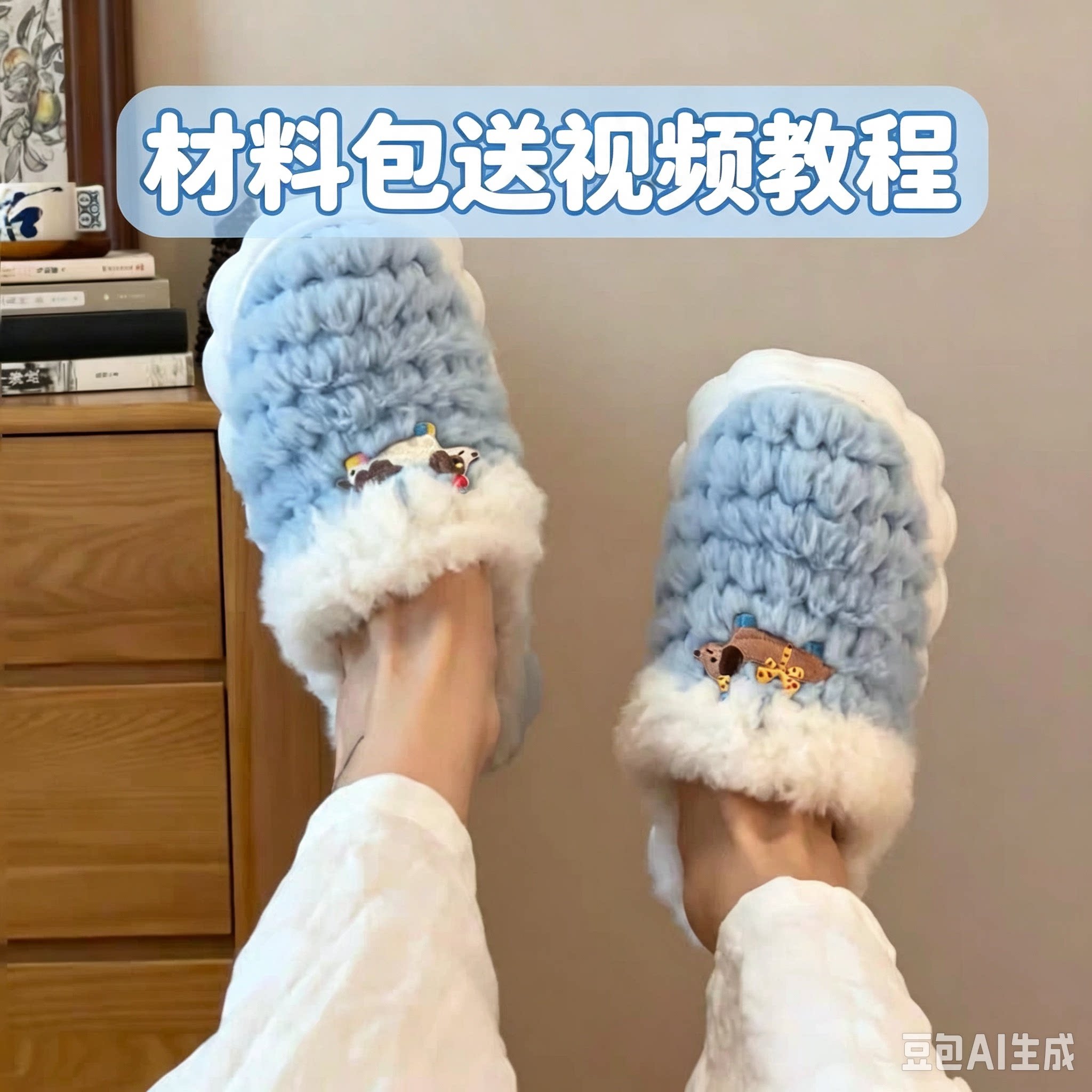 拖鞋diy编织冰条仿皮草线材料包自制泡芙花兔子保暖礼物居家防寒