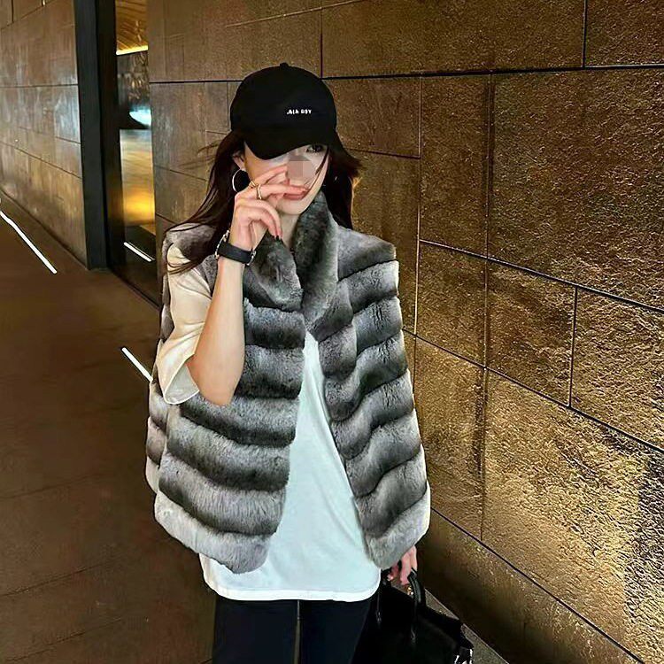 JALoo冬马甲轻奢霜染5A级整皮环保仿獭兔毛皮草立领毛毛绒外套女