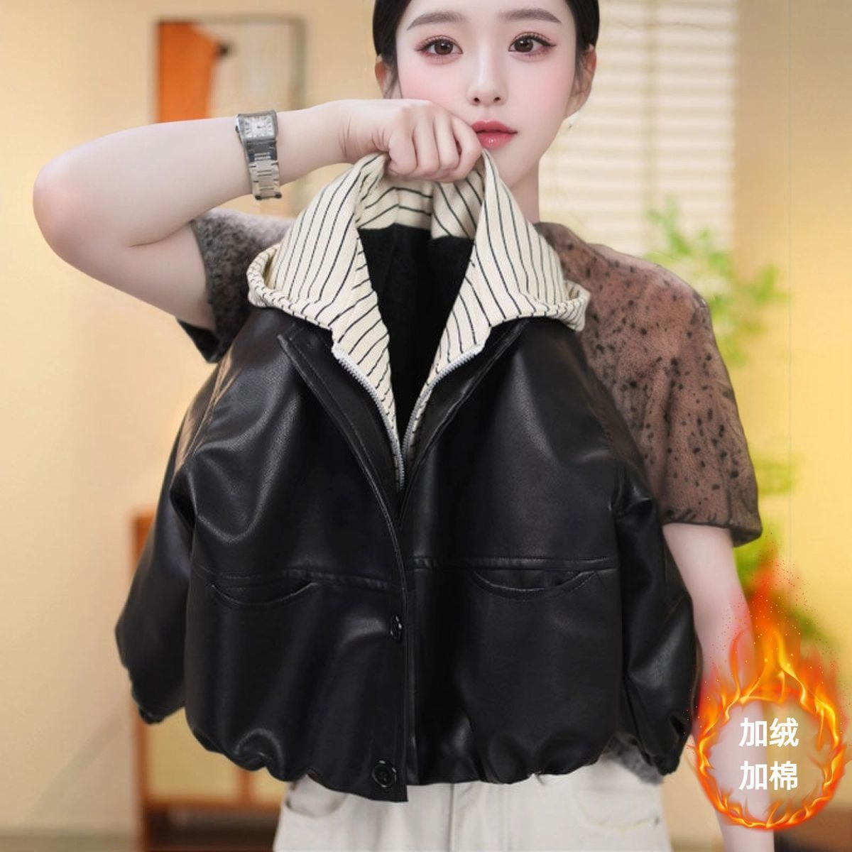 儿童冬季新款加绒皮衣假两件