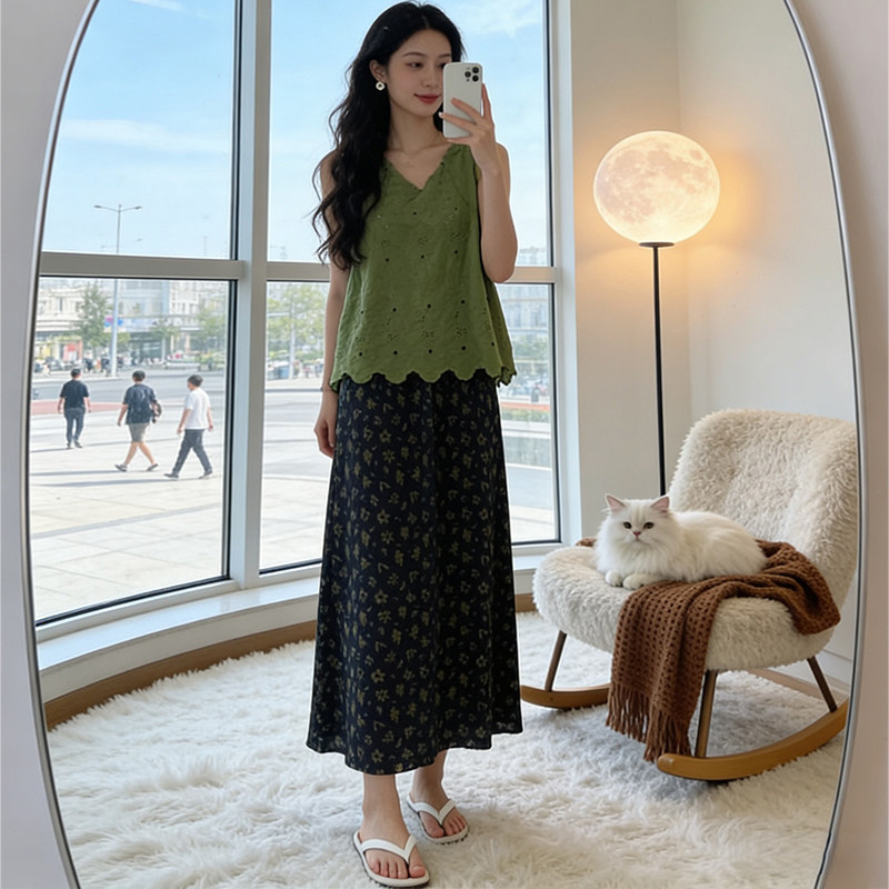 度假风V领无袖背心碎花长裙两件套女时尚气质夏季显瘦穿搭套装