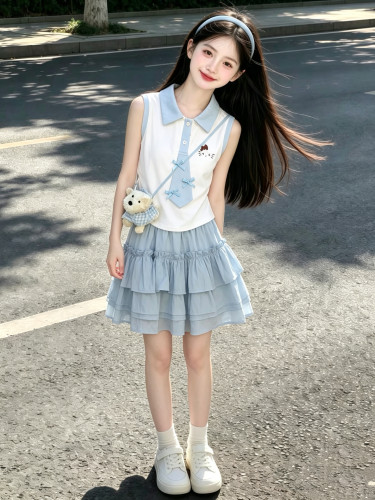 596哈哈家 女童夏季新款洋气韩版时髦短袖上衣蛋糕裙套装