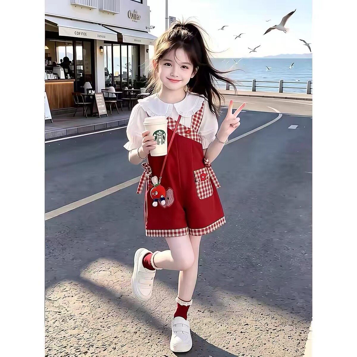 1105哈哈家 女童夏季新款洋气韩版甜美时髦百搭背带裤套装图片