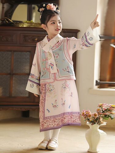528哈哈家 女童春秋款新款洋气古风马甲格格服套装