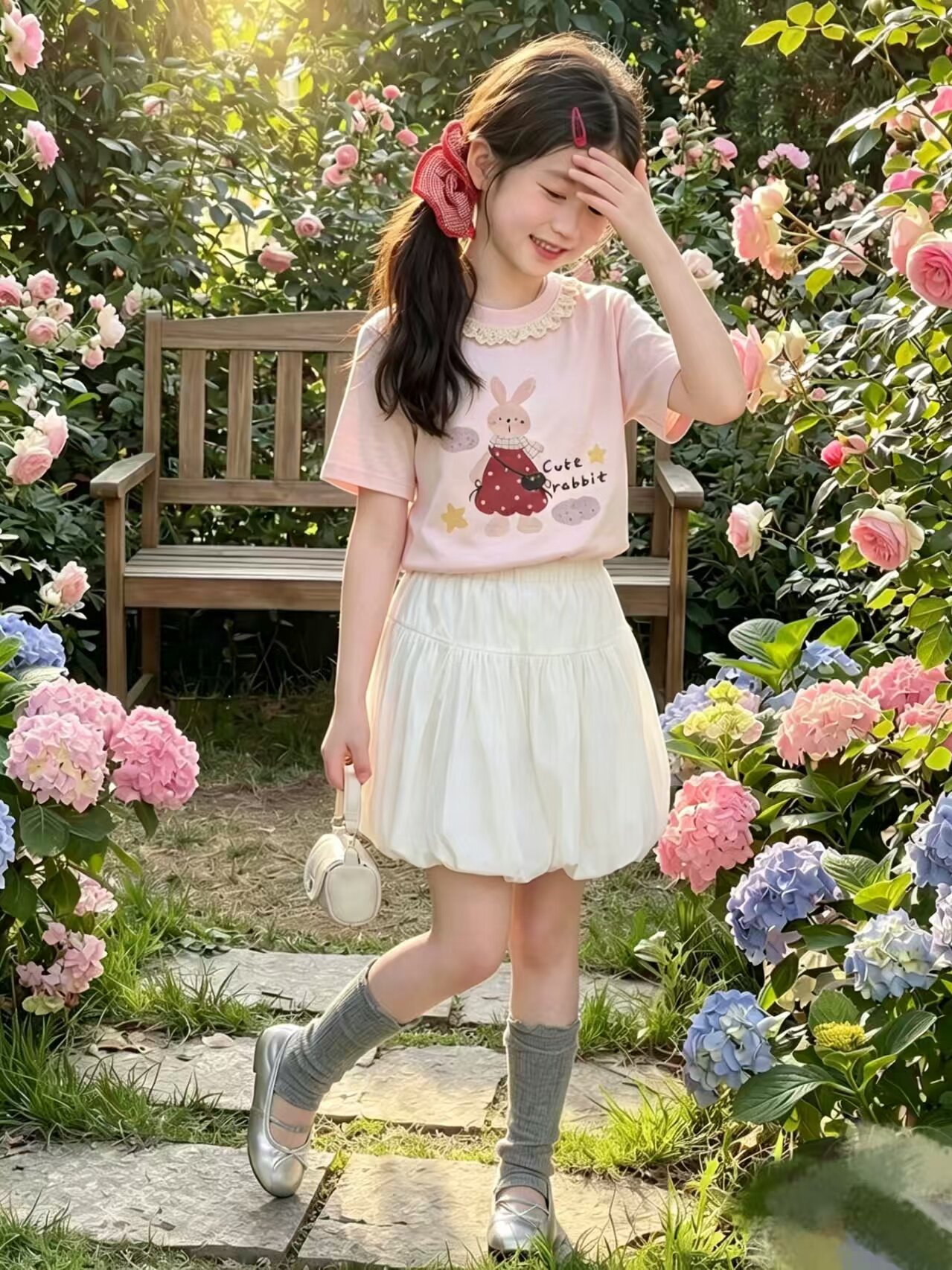 479哈哈家 女童夏季新款洋气韩版甜美时髦百搭短裤套装