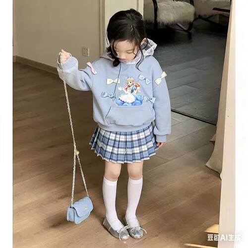 047哈哈家 女童秋冬新款洋气韩版学院风卫衣百褶裙套装