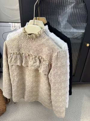 598哈哈家 女童秋冬新款洋气韩版百搭时髦加绒蕾丝打底衫