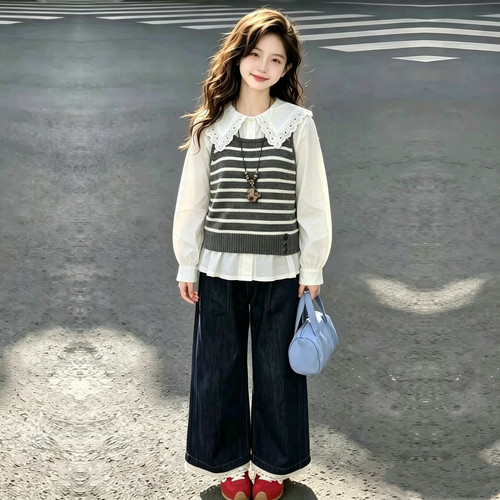 1271哈哈家 女童秋季新款洋气韩版时髦百搭衬衫针织马甲两件套