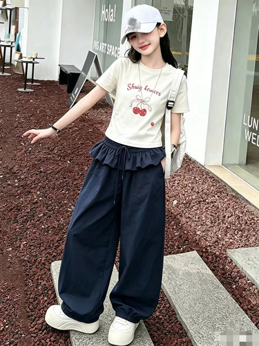 893哈哈家 女童夏季新款洋气韩版甜美时髦短袖T恤花边休闲裤套装