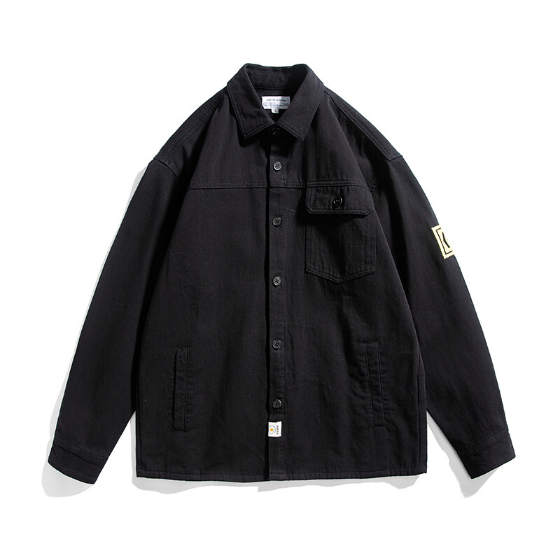 男士秋冬美式复古HBT衬衫夹克宽松人字纹军事风字母徽章外套男棉