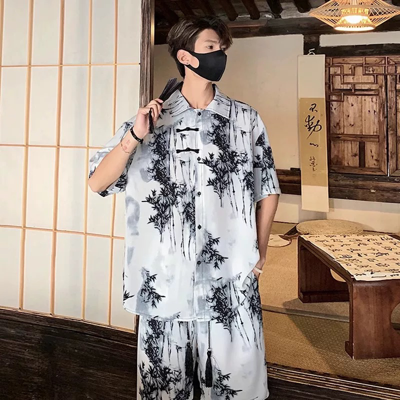 国风休闲运动套装男士半袖衬衫夏季新款冰丝短袖衬衣男长裤两件套