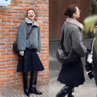 高圆圆明星同款两面穿派克服女冬季翻领保暖小个子工装夹克短外套