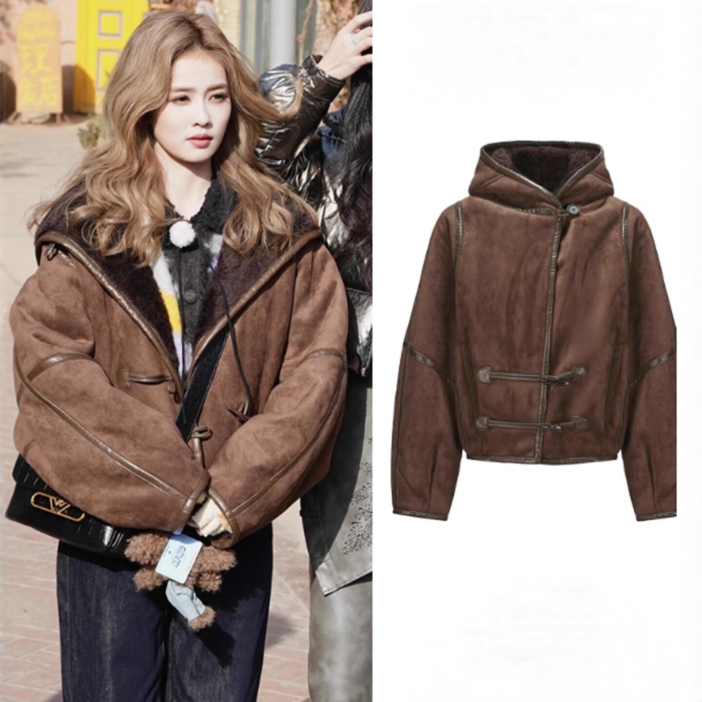 白鹿明星同款牛角扣鹿皮绒短外套连帽冬新款加厚保暖皮毛一体夹克