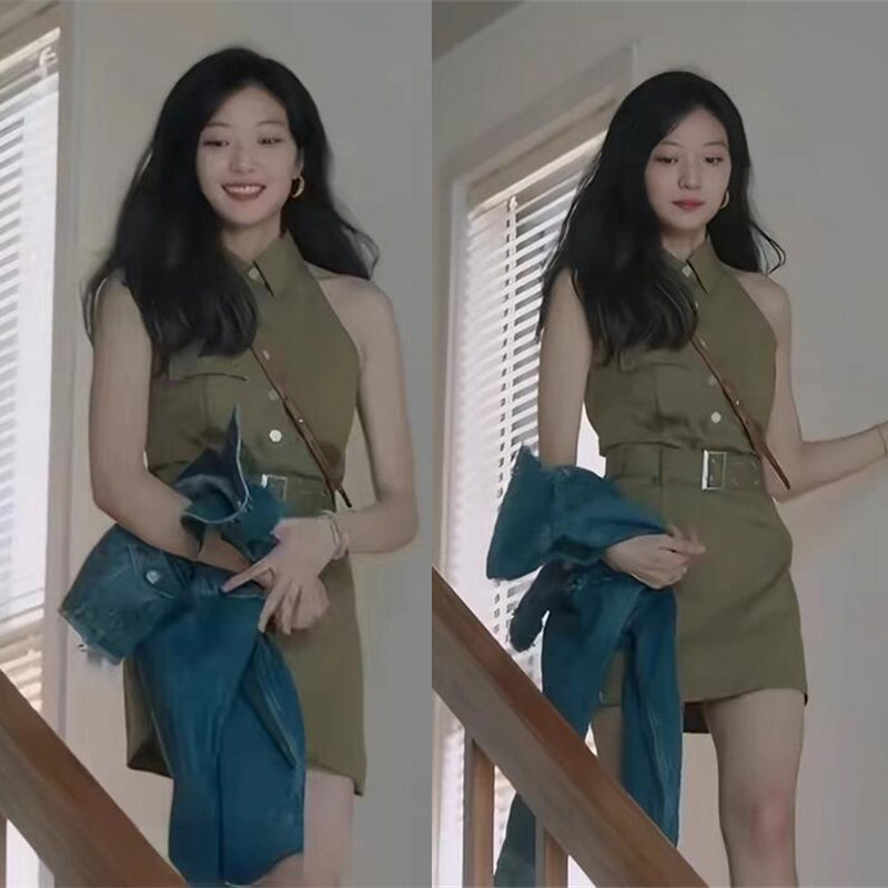 孙千陶姝娜明星同款美式挂脖连衣裙复古甜酷设计感收腰显瘦工装裙