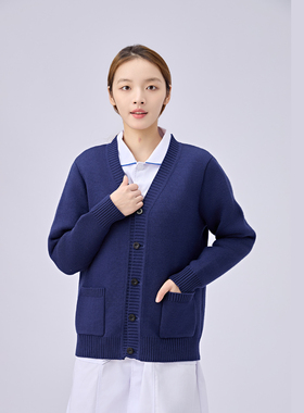 护士毛衣女外套开衫加厚仿兔绒加绒针织毛衣藏蓝色护士医生工作服