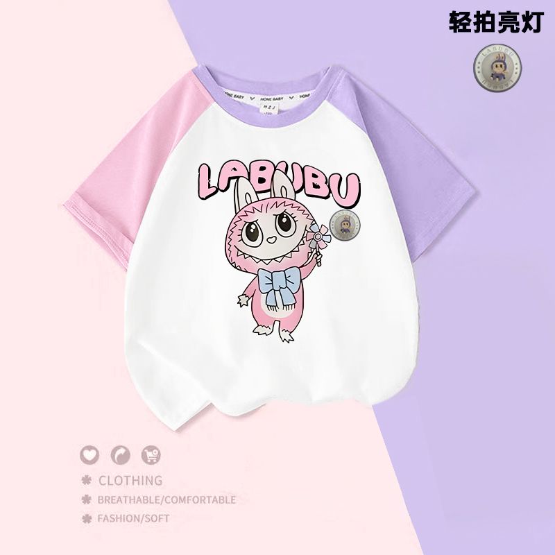 女童夏季纯棉短袖T恤2025新款韩版洋气宽松趣味卡通会亮灯上衣潮