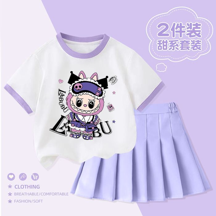 女童卡通拉布布Labubu儿童夏季纯棉短袖百褶裙短裤套装T恤两件套