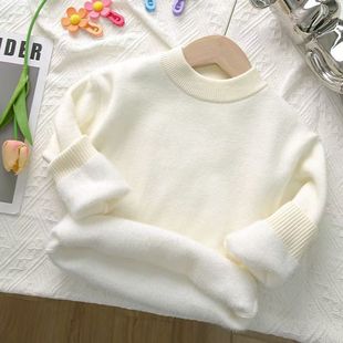男女童一体绒毛衣儿童半高领针织衫白色加绒加厚毛线打底衣冬款潮