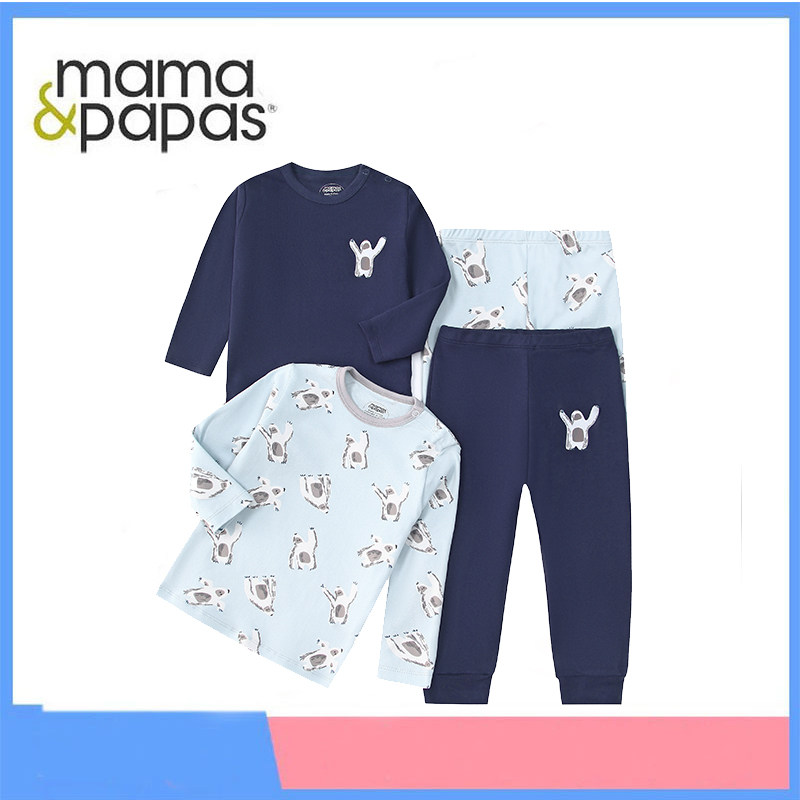 mamas&papas新款婴儿长袖T恤裤子纯棉卡通印花男女宝宝家居服睡衣