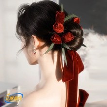 新款丝绒玫瑰花苞简约时尚结婚套装红色新娘敬酒服头饰礼服配饰品