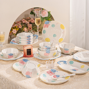 釉下彩卡通2025新款 家用可爱风陶瓷餐具乔迁新居礼物碗具 碗碟套装