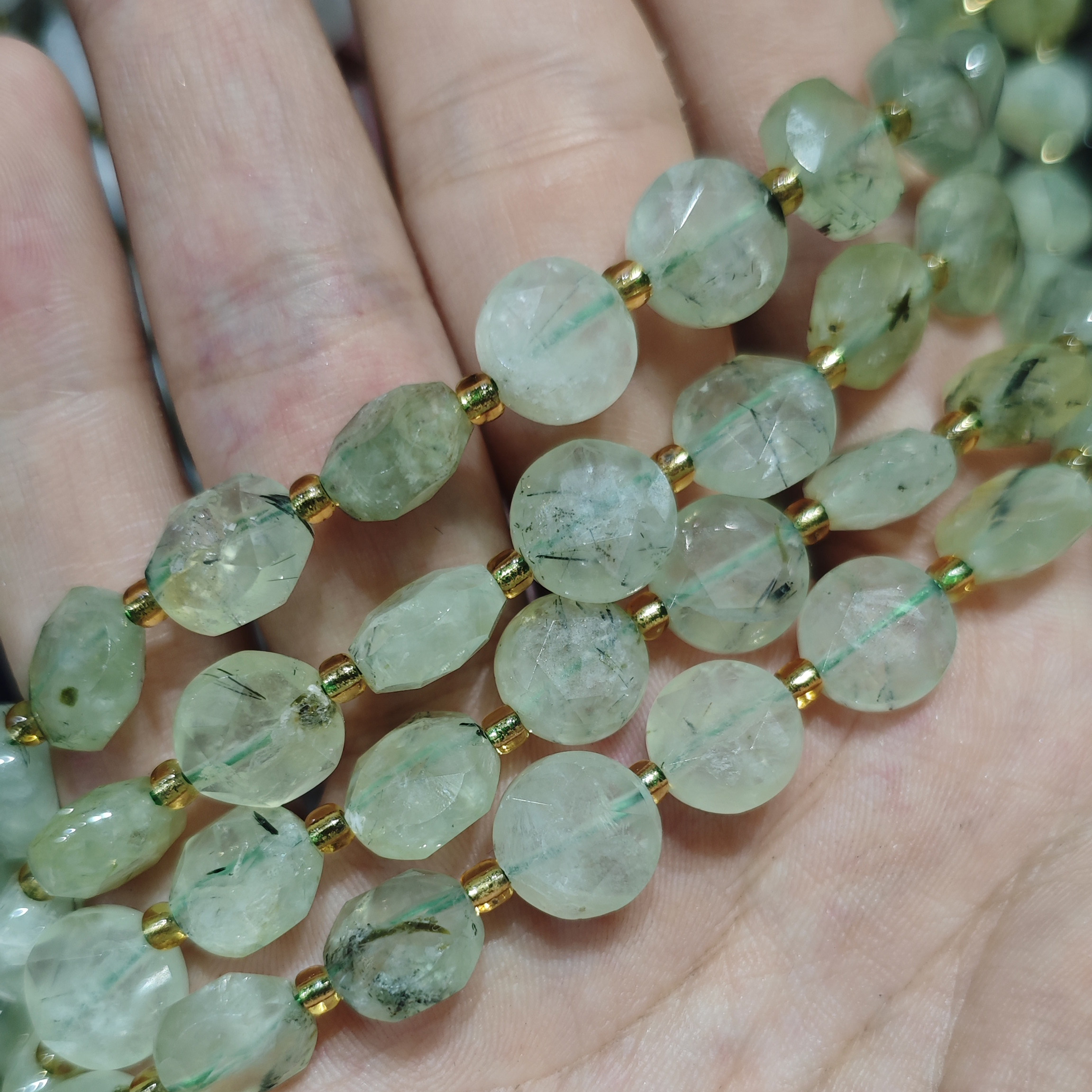 天然葡萄石圆形切面珠子圆饼扁片形状半成品 DIY手作女生手链手串