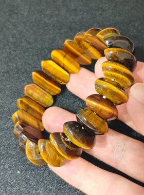 天然黄虎眼石手排 猫眼弧形手牌月牙形状男士宽版虎睛石手链