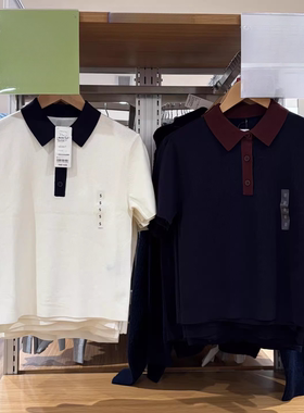 原单女装棉莫代尔混纺POLO领拼色针织衫短袖毛衣T恤485224/484607
