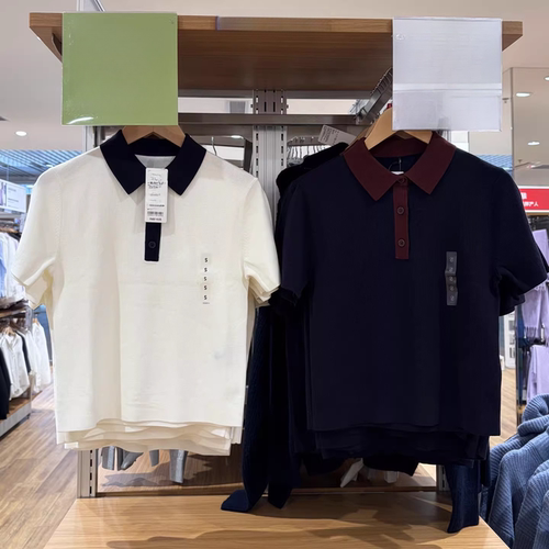 原单女装棉莫代尔混纺POLO领拼色针织衫短袖毛衣T恤485224/484607