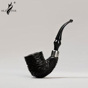 黑色雕刻大弯手工烟斗西班牙进口石楠木3mm烟道银环硫化橡胶烟嘴