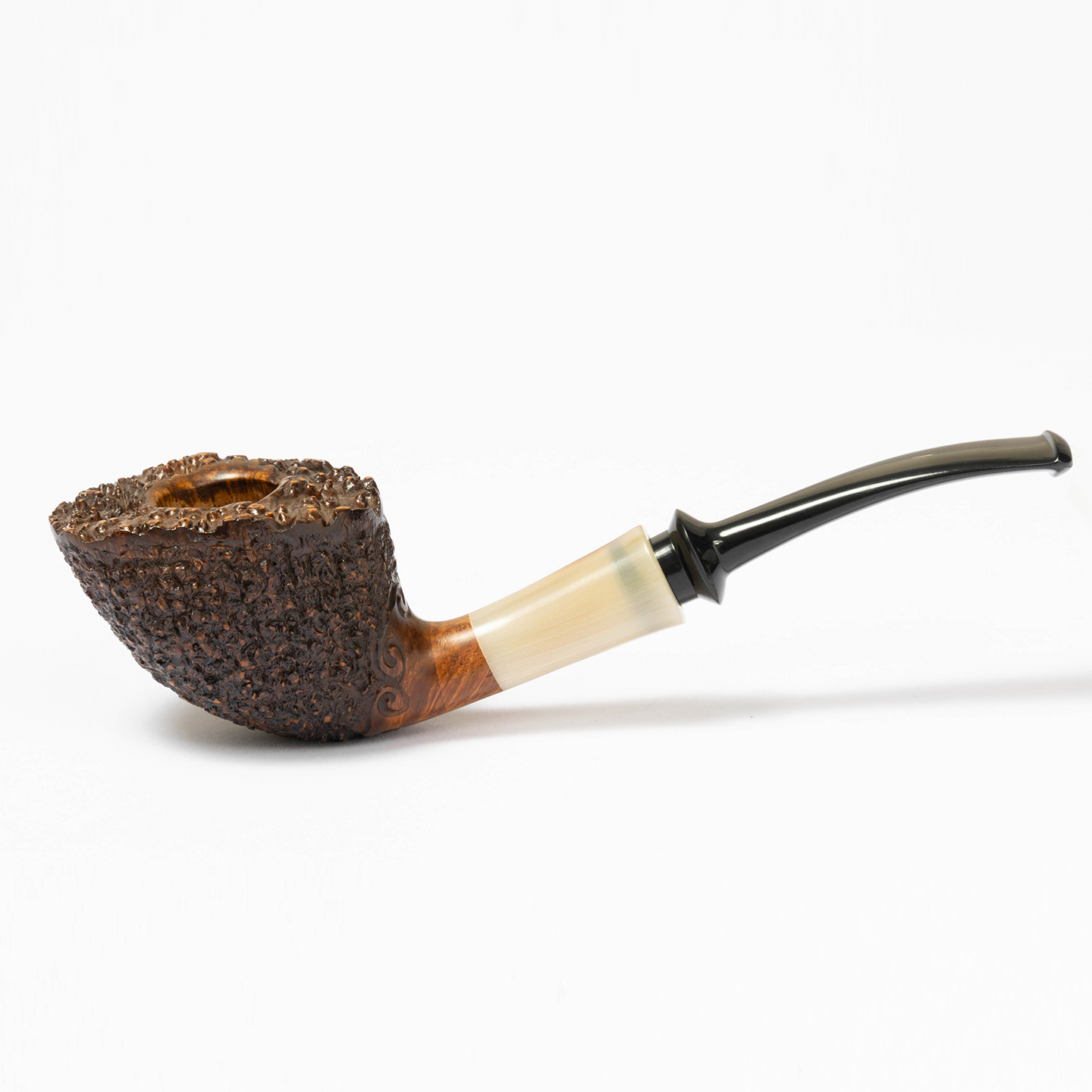 老狐狸牛角环雕刻烟斗意大利进口石楠木3mm烟道树脂过滤黑坎烟嘴