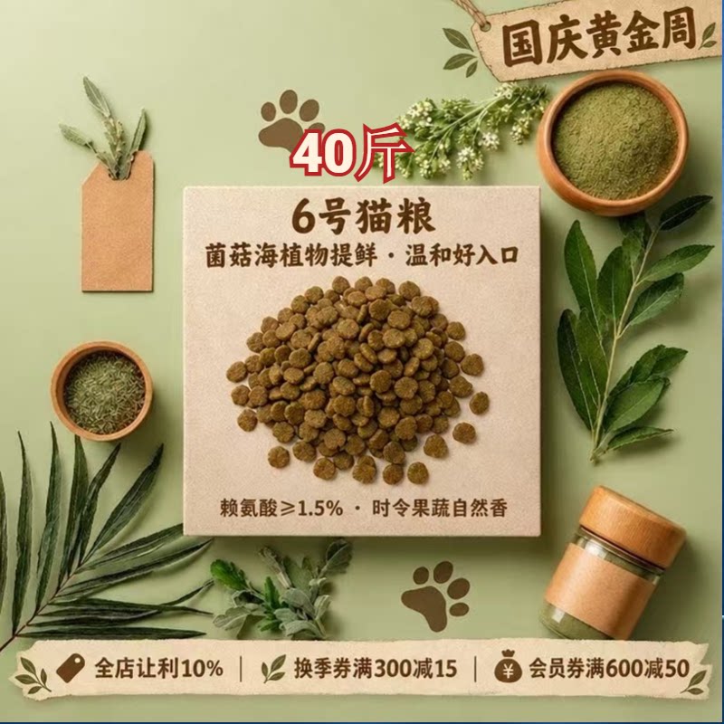 阿幸素食宠粮 6号纯素猫粮/易消化护泌尿去毛球/5斤*8袋/共40斤